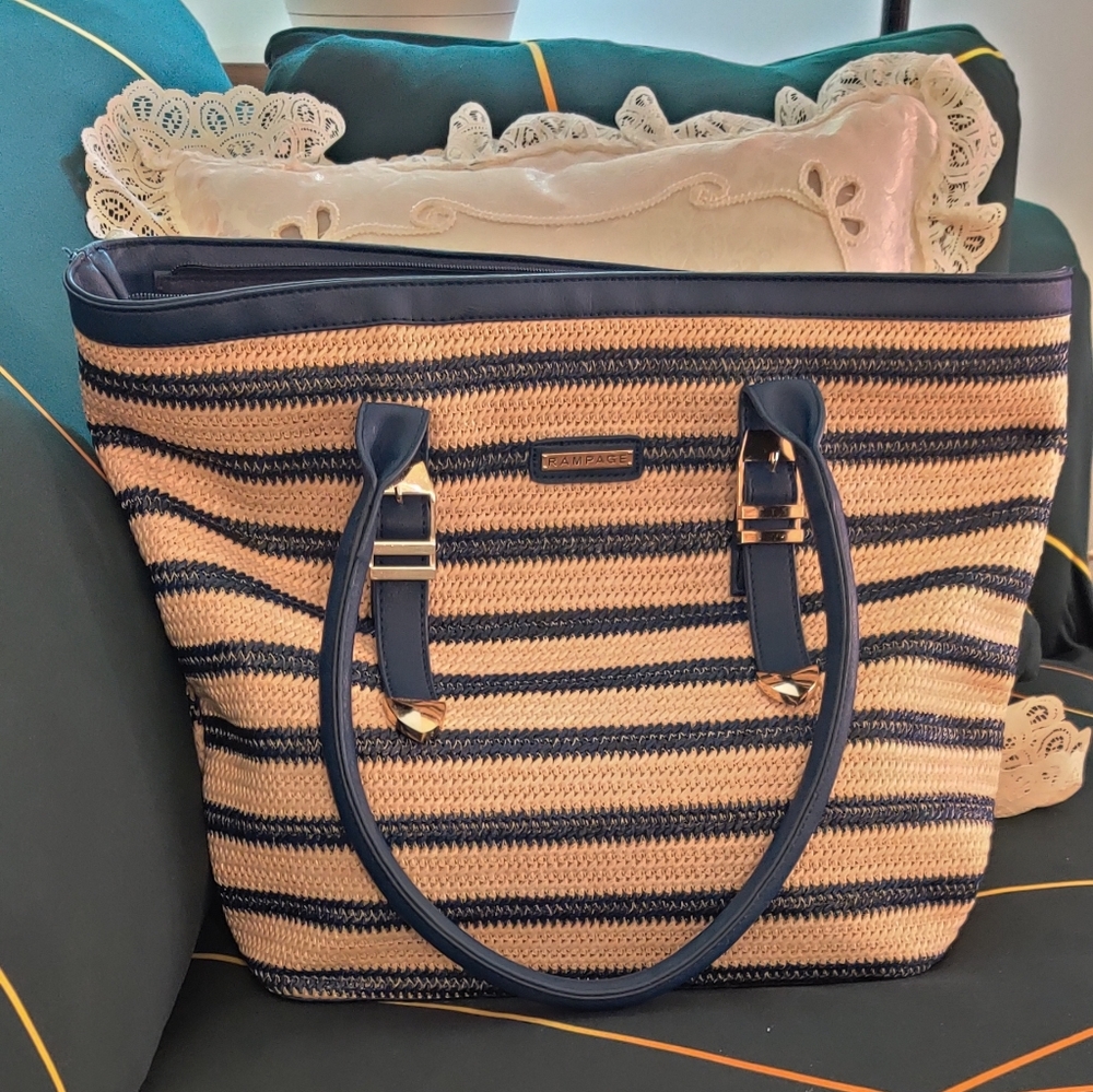 Rampage, Large navy striped straw tote